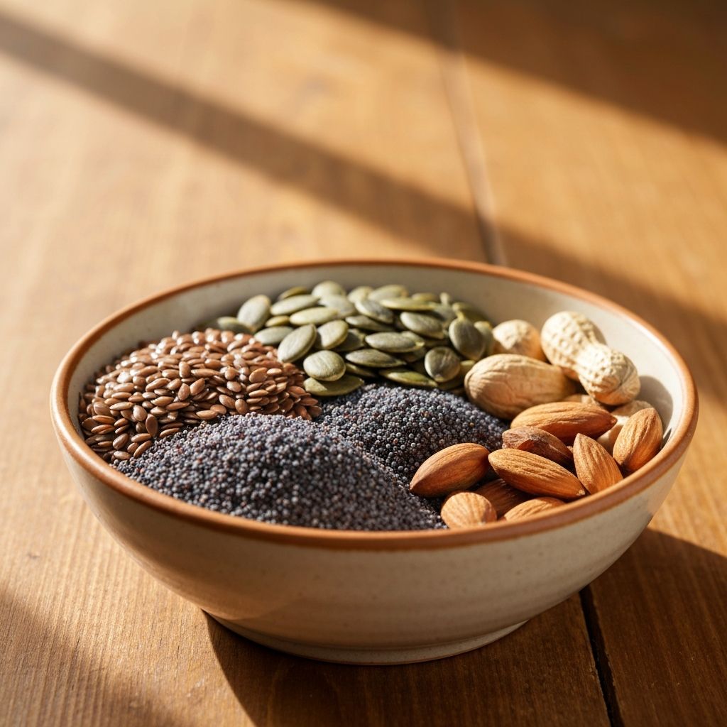 Seeds and nuts in ceramic bowl